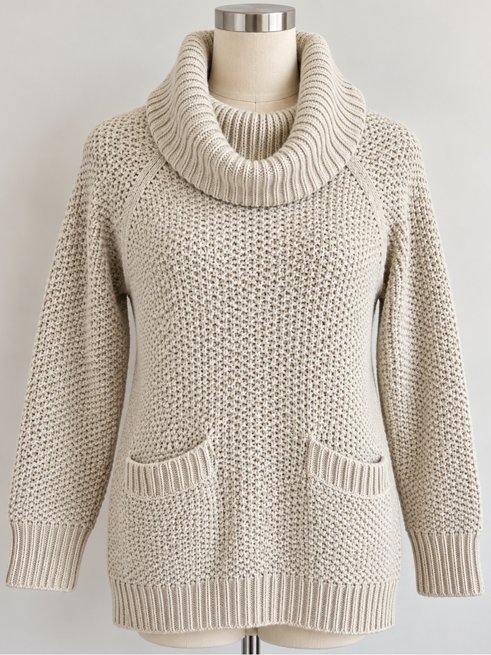 Cliché chunky knit cowl neck sweater M wool blend cream pockets